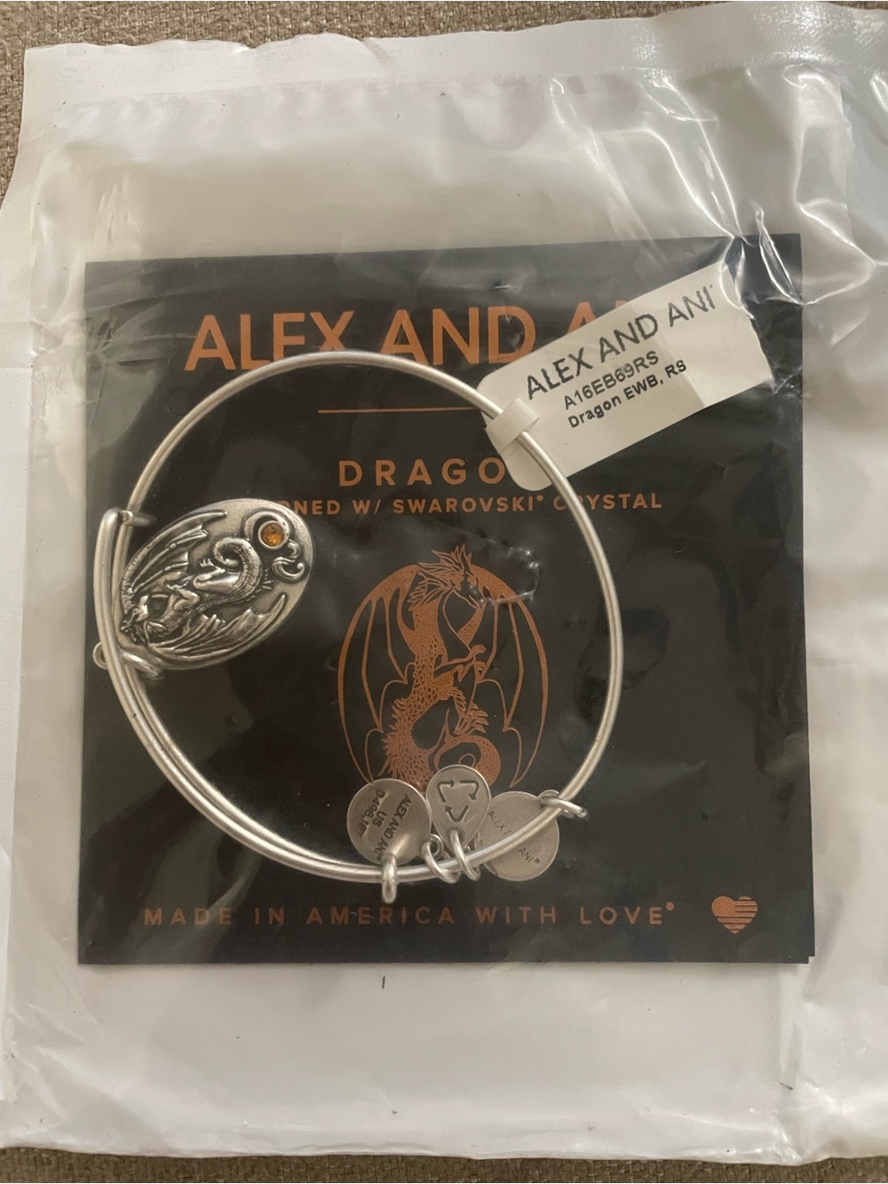 Alex and Ani Silver Dragon Bangle with Amber Crystal Accent